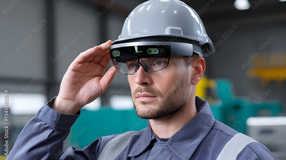 Poster engineer using augmented reality glasses for maintenance in a factory setting