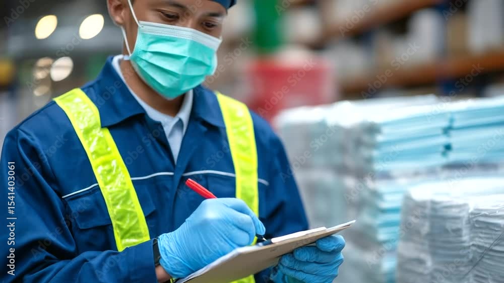 Aufkleber worker checks list and marks each item before sealing box of surgical masks, sterile field ensured b