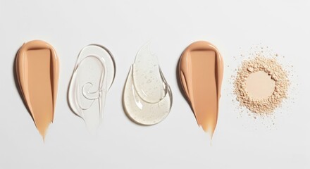 Foundation liquid, gel, and powder makeup swatches on white background