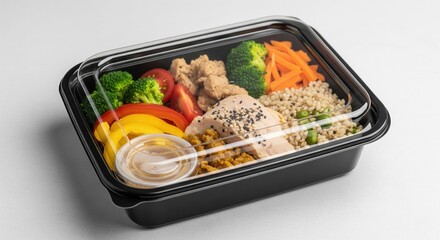 Healthy meal prep with chicken, vegetables, and grains in black container