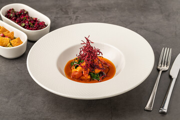 Shrimp in tomato sauce topped with crispy beet garnish and leafy greens