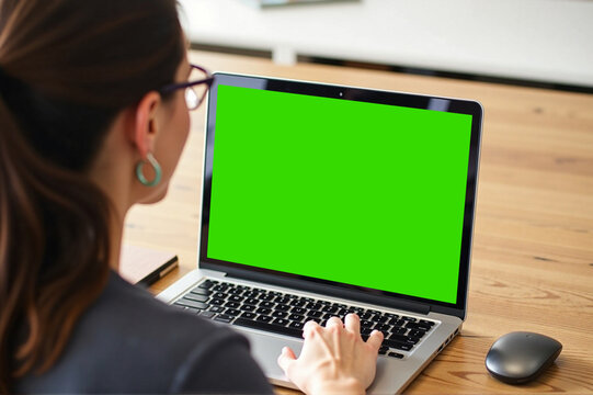A woman sitting at a desk using a laptop with a green screen.