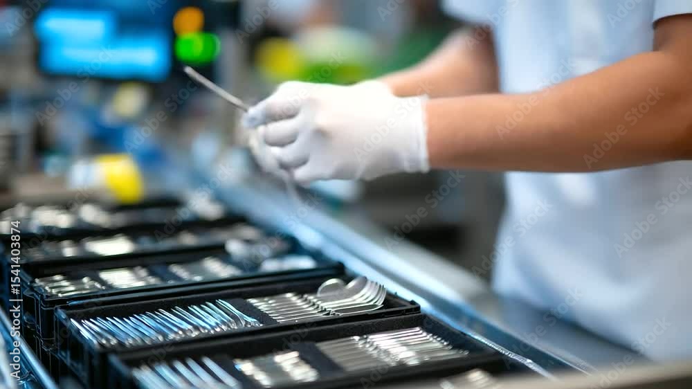 Aufkleber precise hand movement as technician places surgical instruments in foam-lined compartments before sl