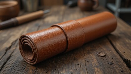 Obraz premium Rolled brown leather on rustic wooden table