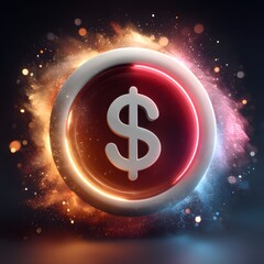 Brightly illuminated dollar sign symbol floating in a cosmic fiery and visually striking environment with swirling energy and sparkling particles