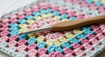 Close-up of colorful crocheted blanket with crochet hook