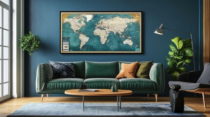 World map artwork hung in a modern home, showcasing global geography and the interconnectedness of society