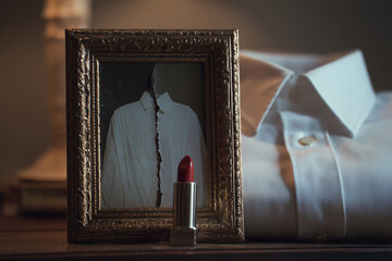 wedding photo frame cracked in half, red lipstick marks on clothes symbolize infidelity