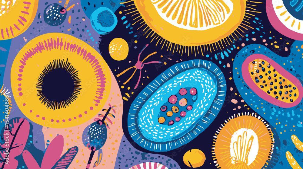 Poster abstract shapes interplay against colorful space depicting diverse structures