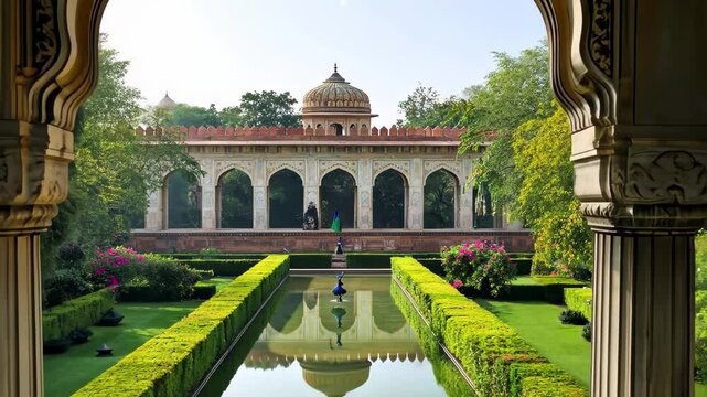 Mesmerizing Mughal garden arch frames the serene landscape of a palace at midday, Traditional ethnic Mughal garden, arch, palace, and peacock seamless ing background