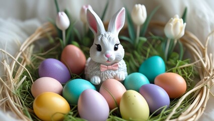 A tiny white rabbit statue rests among colorful eggs nestled in straw, celebrating Easter in a charming spring scene 