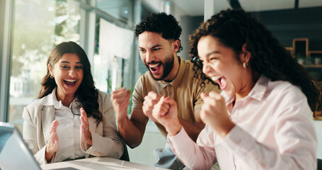 Teamwork, excited business people and celebration with laptop for success, target or fist pump....