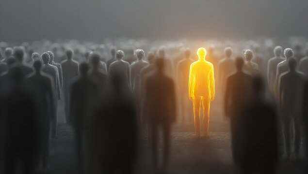Standing out as a beacon of light and hope in a gray crowd embracing individuality with soft light