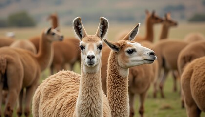 Obraz premium Curious Llama Stares Front, Another Looks Right in a Herd on Green Grass