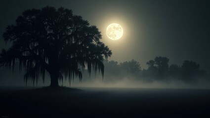 Silhouette of weeping willow tree underneath a bright full moon at night