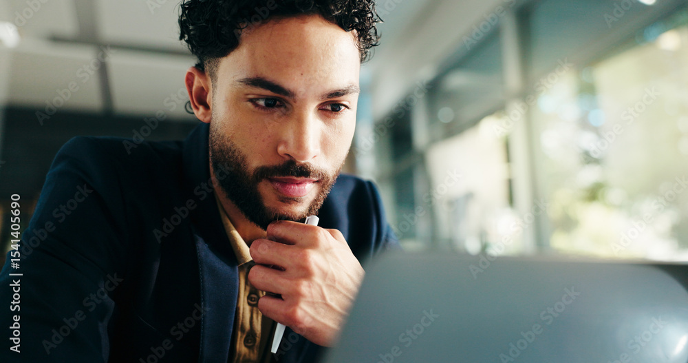 Poster thinking, happy and businessman on laptop in office for solution, planning or problem solving for in