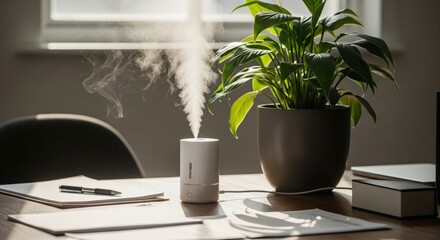 White ultrasonic humidifier releasing mist on wooden desk with plant