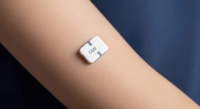 Continuous Glucose Monitor device attached on forearm skin close-up