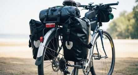 Touring bicycle loaded with black pannier bags and camping gear outdoors