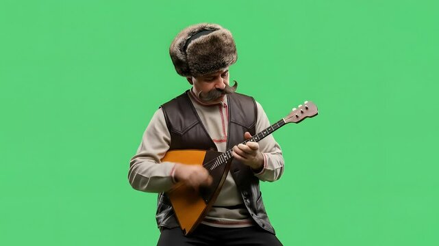 A man in traditional Russian clothing, likely a Cossack, plays a balalaika against a solid green screen background