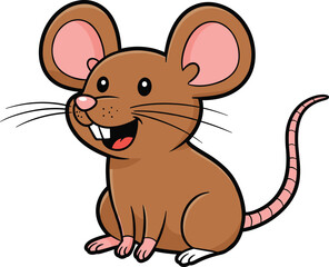 Cute cartoon brown mouse sitting happy, adorable rodent character with big ears and pink tail, vector animal illustration, smiling children clipart