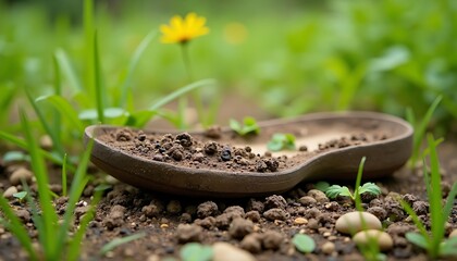 Earthen Pot Nestled in Garden Soil with Emerging Plants