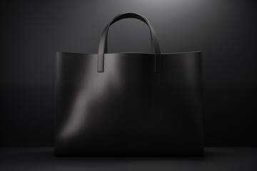 Black leather shopping tote with long handles, Black leather tote, Black leather tote mockup, Black leather bag.