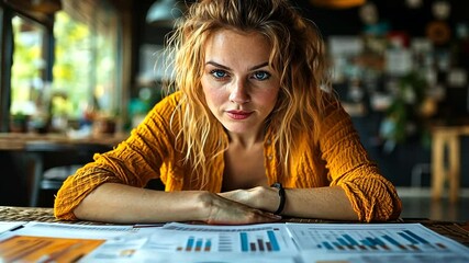 Focused woman analyzing business charts at cafe - Powered by Adobe