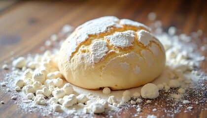 Fluffy, powdered round cake on a wooden surface with meringue