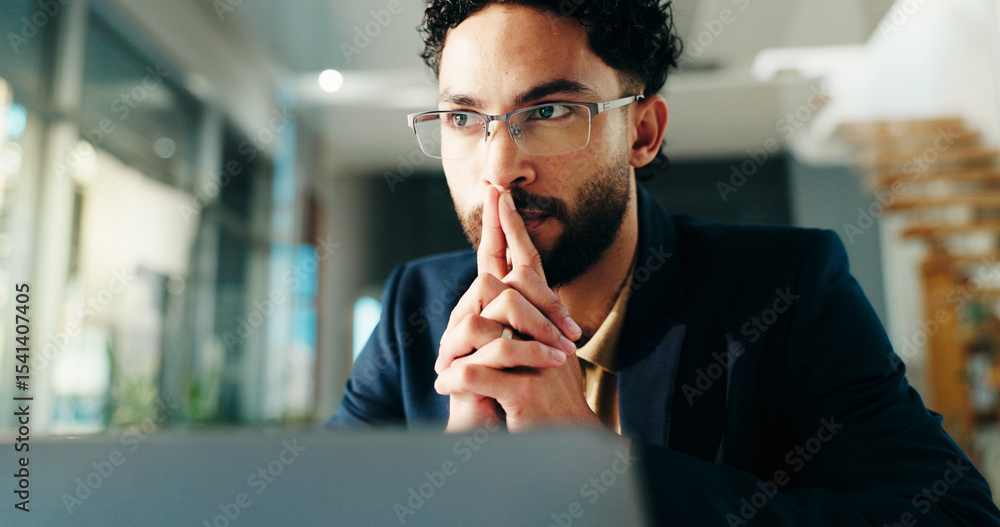 Poster thinking, laptop and business man for solution, planning and problem solving for investment in offic