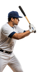 baseball player in white uniform with bat ready to swing on transparent background