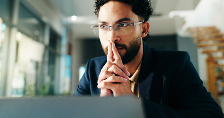 Thinking, laptop and business man for solution, planning and problem solving for investment in...