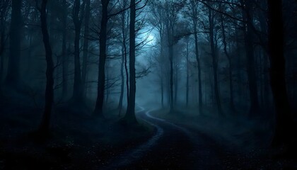 Fototapeta premium Winding path through a dark and foggy forest at twilight