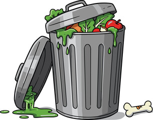 Overflowing trash can with food waste, cartoon garbage bin, compost, organic leftovers, dirty scene, vector illustration,