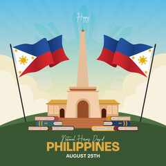 Happy Philippines National Heroes Day August 25th with Rizal monument Philippine flag and book illustration on sunburst background
