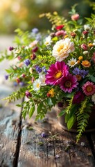 Colorful flower bouquet on a rustic wooden table in natural light
