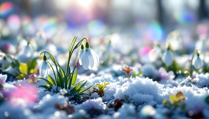 Snowdrop flowers bloom in the snow during the early spring season