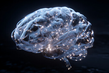 Conceptual abstract AI brain made of glass and fiber optics, floating mid-frame