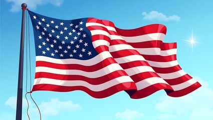 Obraz premium American flag with stars and stripes waving in the blue sky