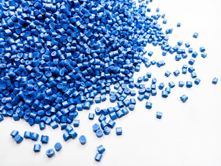 Blue polymer granules, blue masterbatch granules, cold cutting material type, isolated on white...