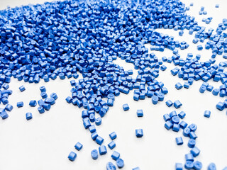 Blue polymer granules, blue masterbatch granules, cold cutting material type, isolated on white...