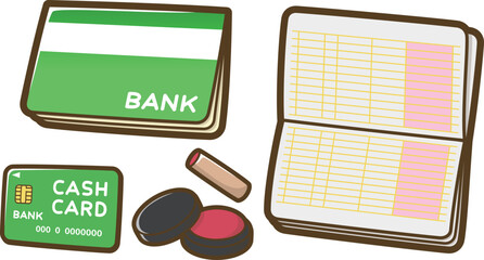 預金通帳とキャッシュカードと判子と朱肉