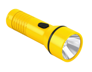 Yellow torch flashlight 3D icon for illumination and safety concept isolated on white background
