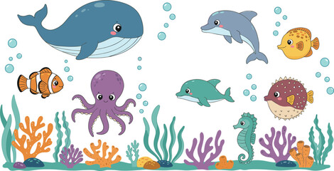 Cute underwater cartoon sea animals with fish, whale, octopus, dolphin, coral reef, bubbles and ocean plants, vector illustration clipart