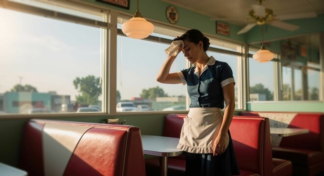 Woman waitress wiping sweat from her forehead in a hot retro diner during a summer day. Exhausted professional worker needing cooling and air conditioning.