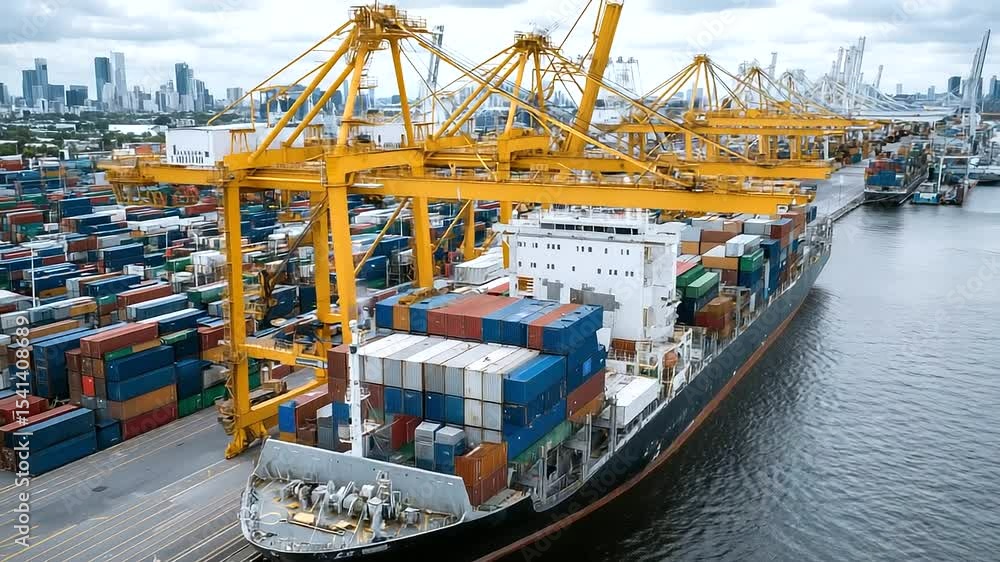 Aufkleber rows of stacked containers line the dock as robotic cranes maneuver above, unloading a massive freig
