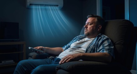 A man relaxing comfortably in a recliner with cool air from an air conditioner providing relief from the heat at home.