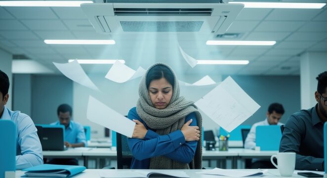 Woman feeling intensely cold from too powerful air conditioning in a modern office, papers flying. Workplace climate control issue and uncomfortable work environment.