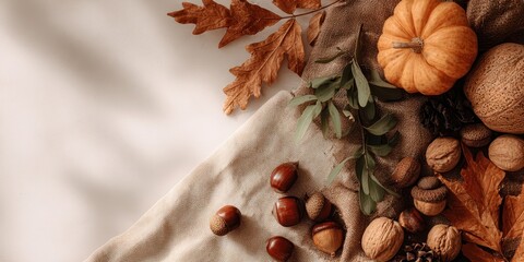 Autumn harvest still life: Pumpkin, nut, leaf on cloth background