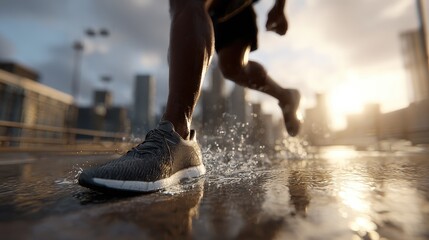 Urban Runner Splashing Through Rainy City Streets